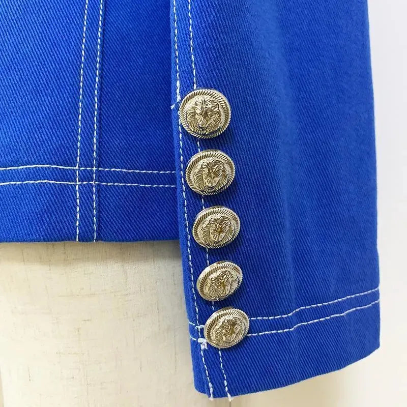 Double Breasted Denim Blazer Women - Casual - Plain-Solid