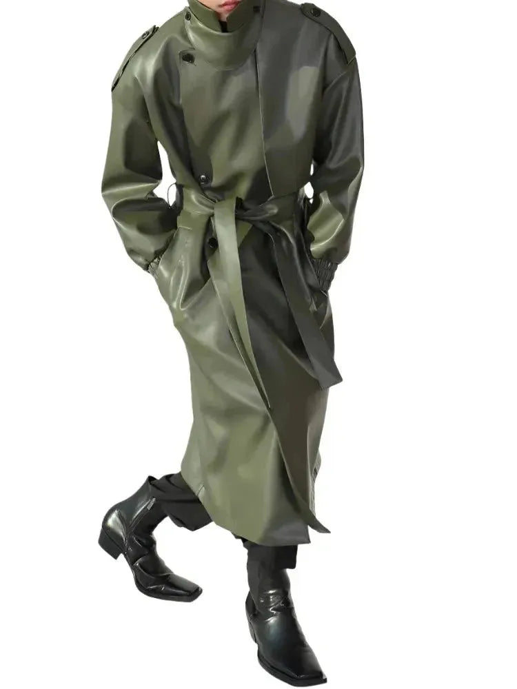 Men's Belted Leather Trench Coat Long Tailored Style