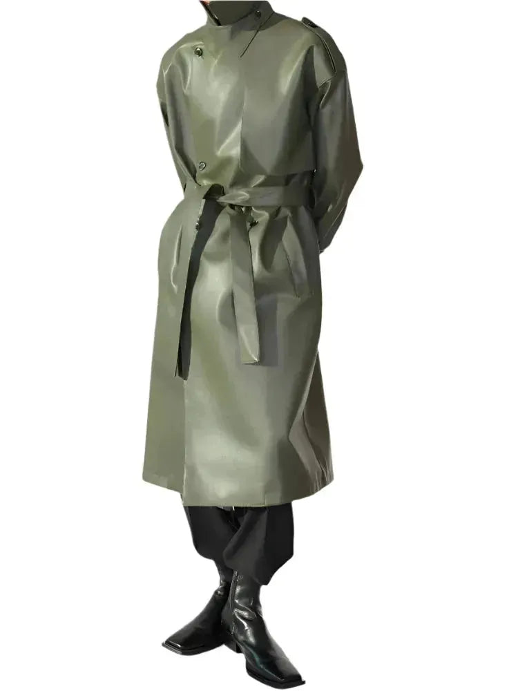 Men's Belted Leather Trench Coat Long Tailored Style
