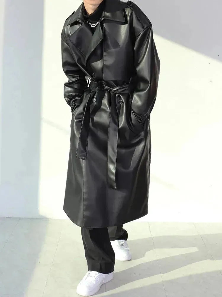 Men's Belted Leather Trench Coat Long Tailored Style