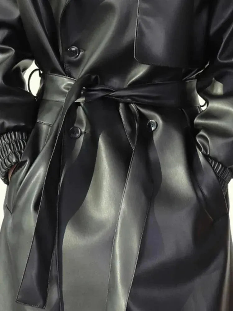 Men's Belted Leather Trench Coat Long Tailored Style