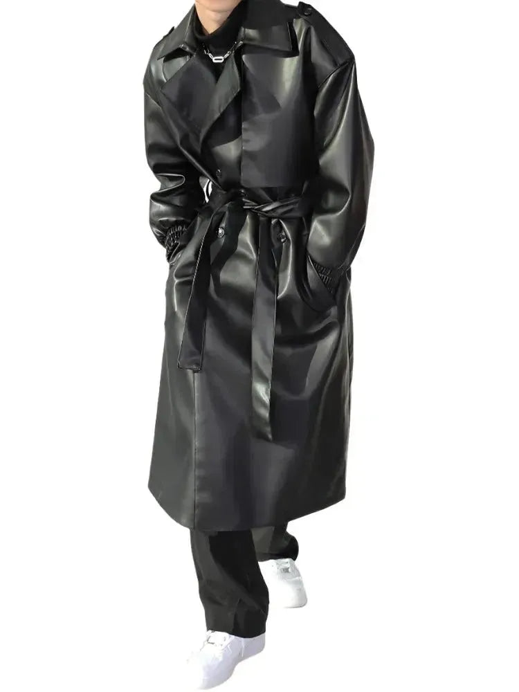 Men's Belted Leather Trench Coat Long Tailored Style