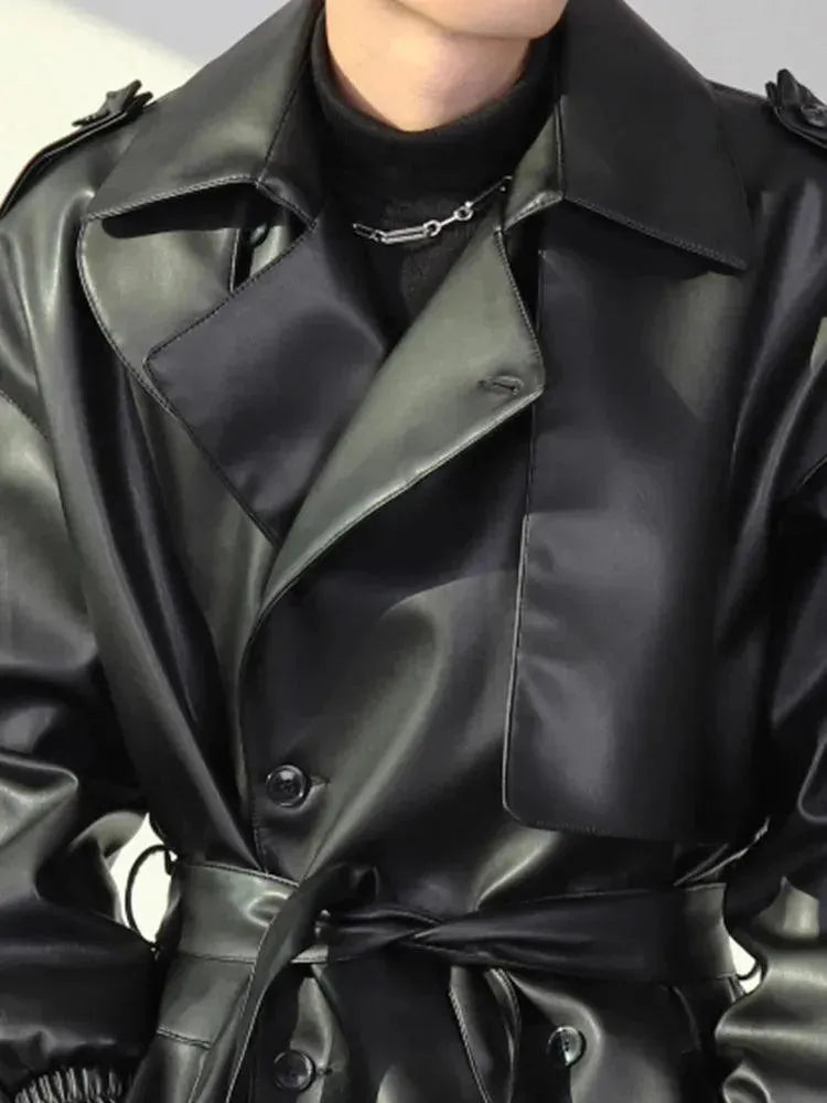 Men's Belted Leather Trench Coat Long Tailored Style