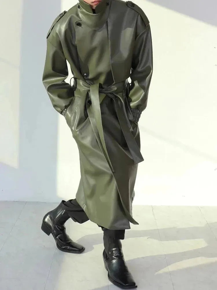 Men's Belted Leather Trench Coat Long Tailored Style