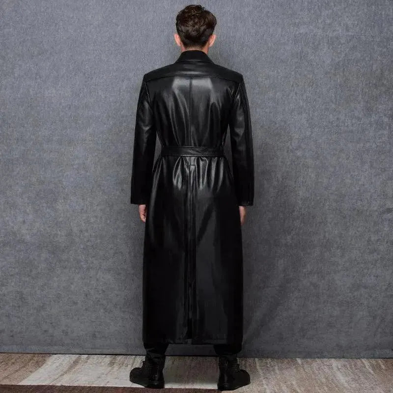 Men's Double Breasted Leather Coat Long Classic Style