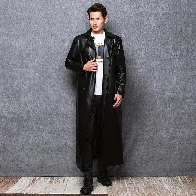 Men's Double Breasted Leather Coat Long Classic Style