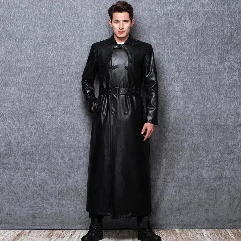 Men's Double Breasted Leather Coat Long Classic Style