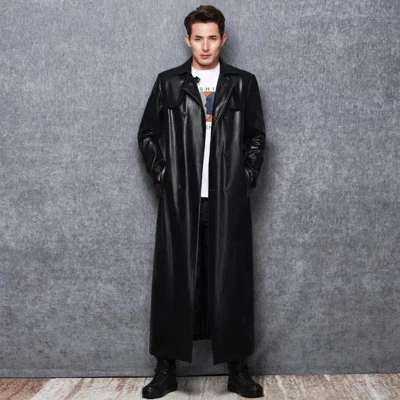 Men's Double Breasted Leather Coat Long Classic Style