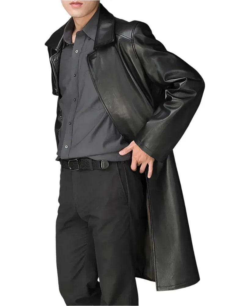 Men's Faux Leather Overcoat Long Regular Fit Style