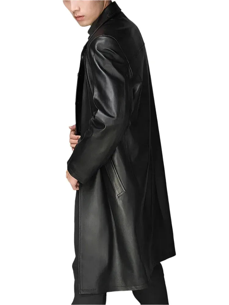 Men's Faux Leather Overcoat Long Regular Fit Style