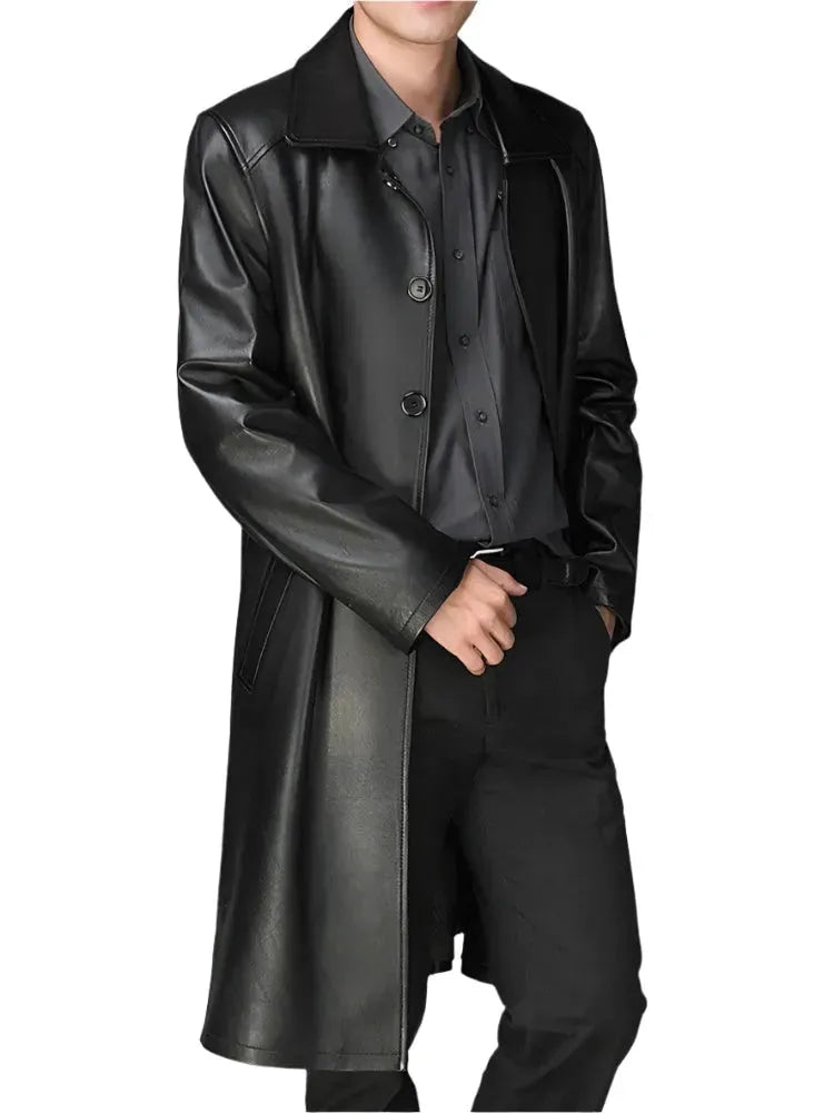 Men's Faux Leather Overcoat Long Regular Fit Style