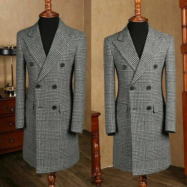 Men's Houndstooth Trench Coat Tailored Classic Style