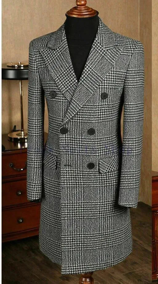 Men's Houndstooth Trench Coat Tailored Classic Style