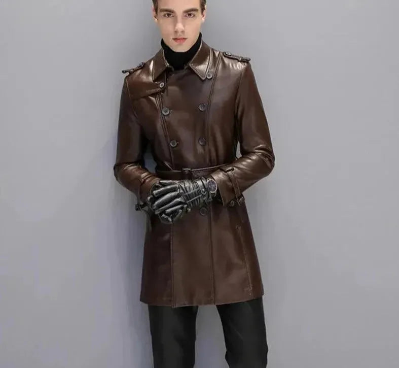 Men's Leather Trench Coat Slim Fit Double Style