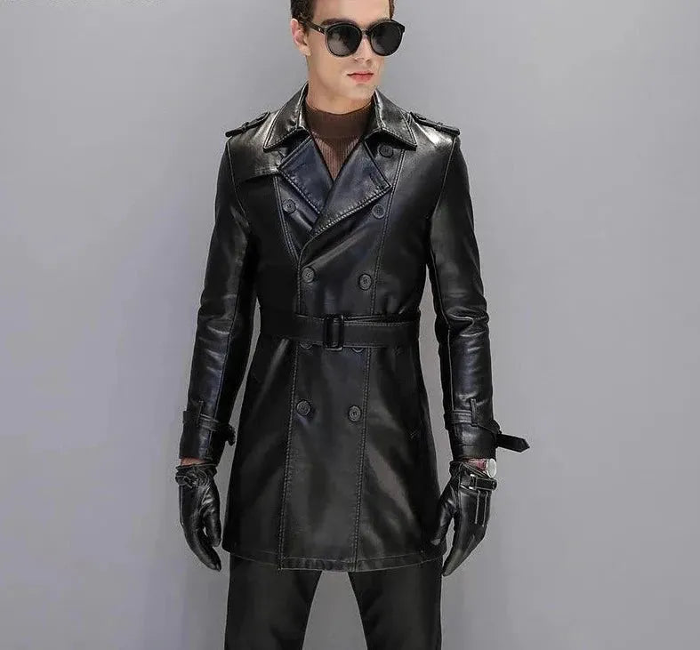 Men's Leather Trench Coat Slim Fit Double Style