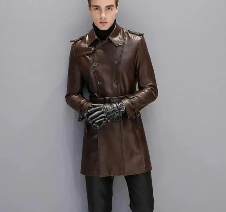 Men's Leather Trench Coat Slim Fit Double Style
