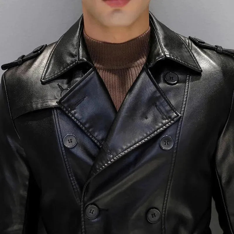 Men's Leather Trench Coat Slim Fit Double Style