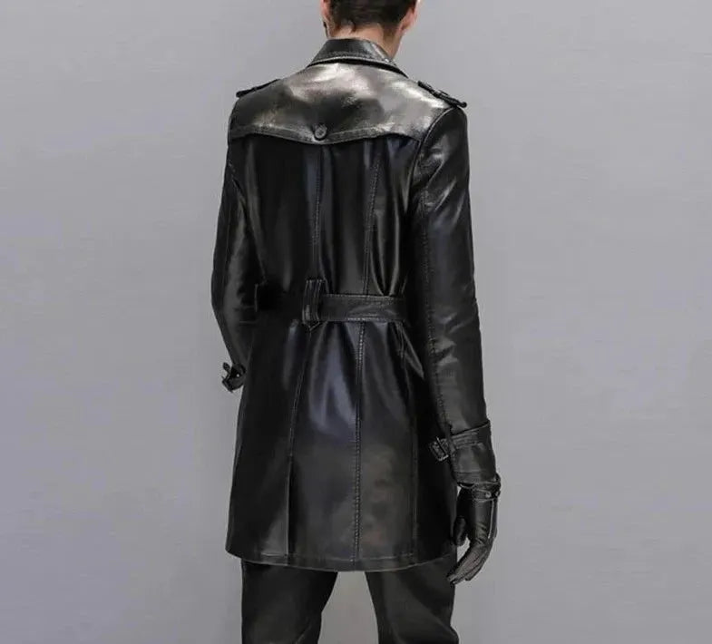Men's Leather Trench Coat Slim Fit Double Style