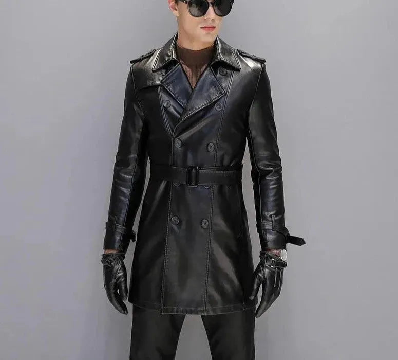 Men's Leather Trench Coat Slim Fit Double Style