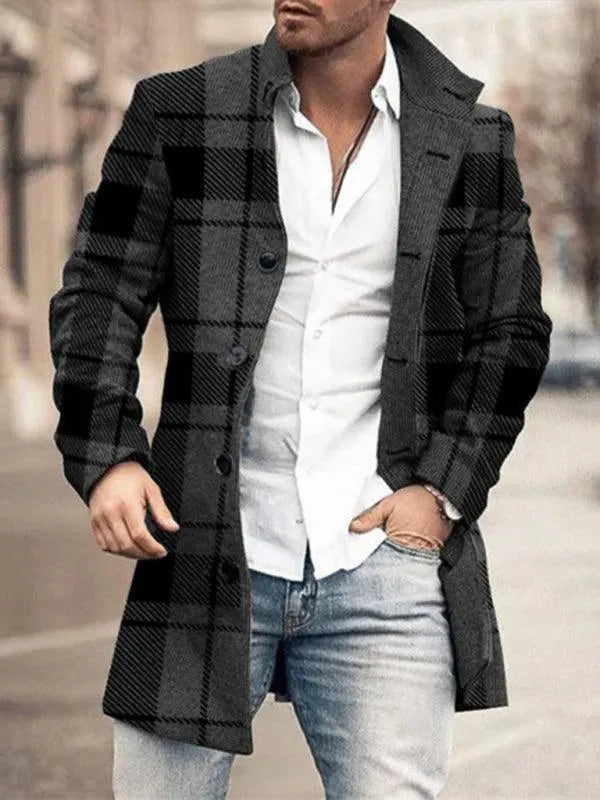 Men's Plaid Overcoat Mid Length Smart Style