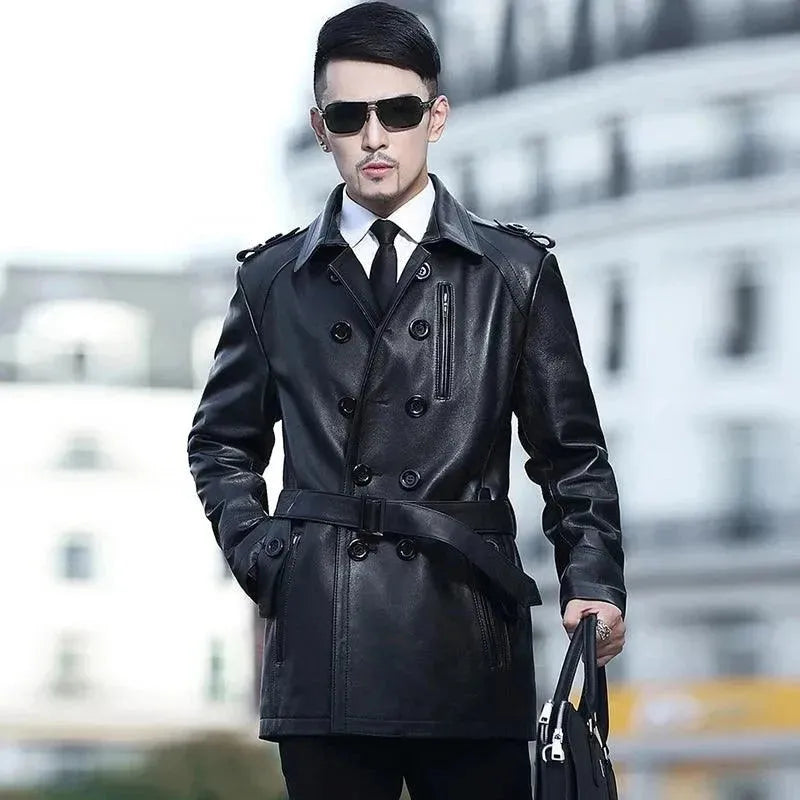 Men's Short Leather Trench Coat Slim Fit Style