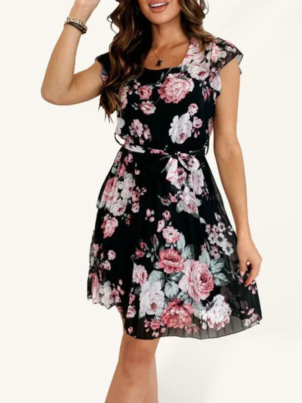 Romantic Black Floral Pleated Midi Dress fashion image