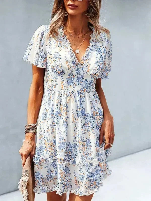 Romantic Blue Floral Cotton Mini Dress