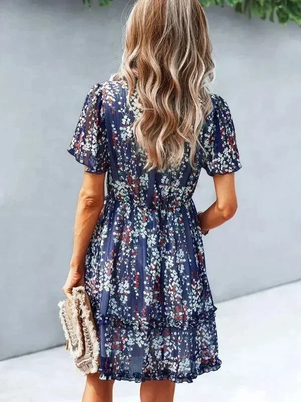 Romantic Blue Floral Cotton Mini Dress