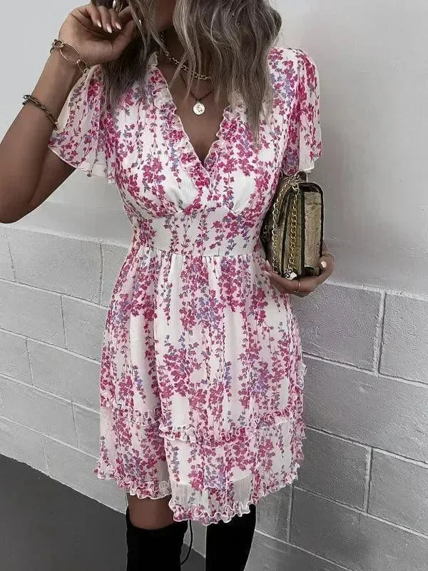 Romantic Blue Floral Cotton Mini Dress