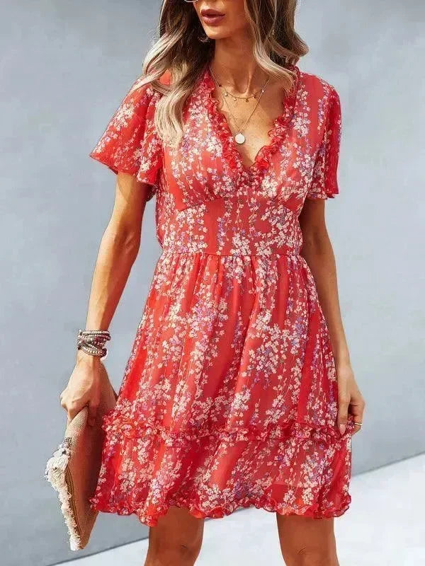 Romantic Blue Floral Cotton Mini Dress
