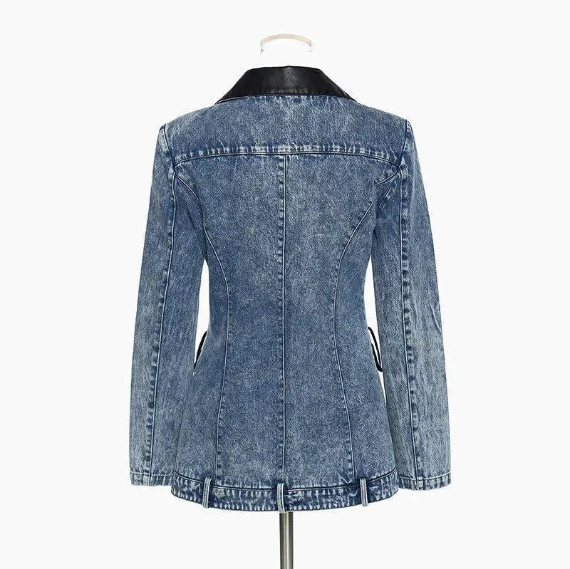 Streetwear Leather Collar Denim Blazer Women - Casual - Plain-Solid