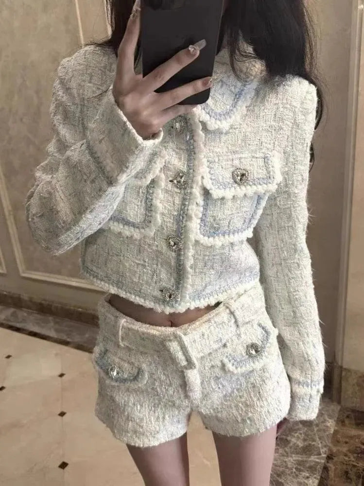 Trendy Women Tweed Shorts Suit Patchwork 2-Piece Set