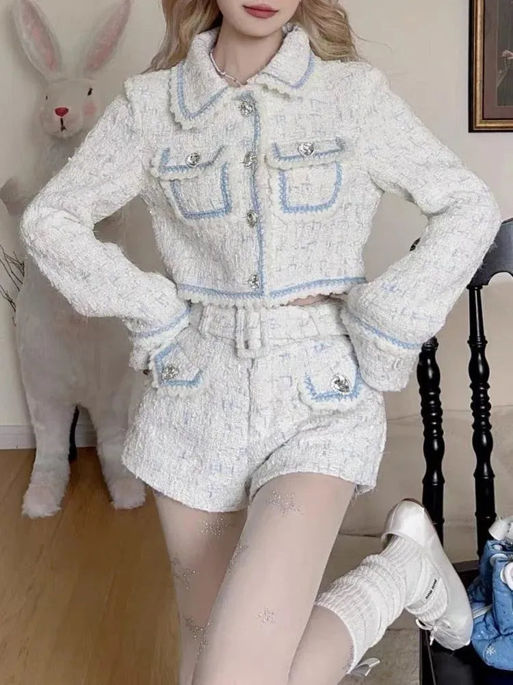 Trendy Women Tweed Shorts Suit Patchwork 2-Piece Set