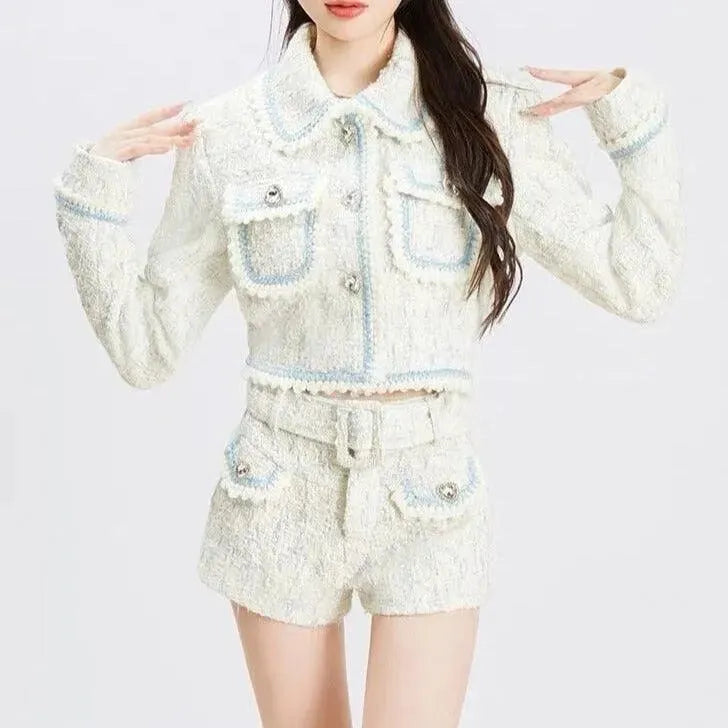 Trendy Women Tweed Shorts Suit Patchwork 2-Piece Set