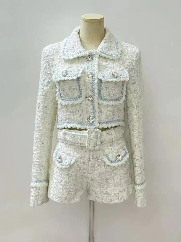 Trendy Women Tweed Shorts Suit Patchwork 2-Piece Set