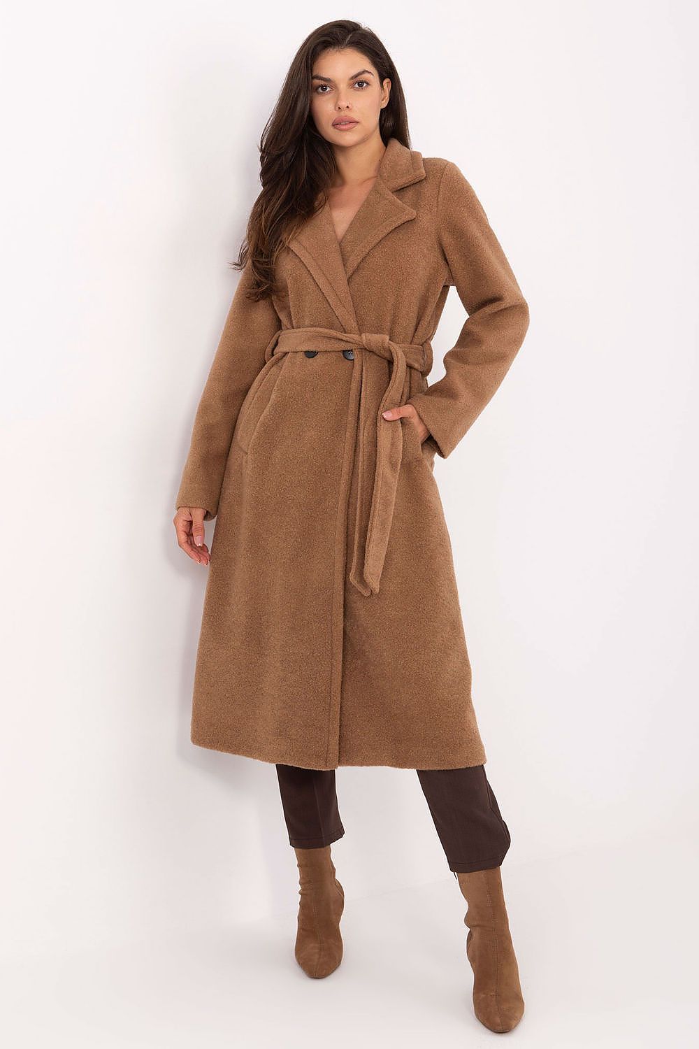 Women's Boucle Belted Wrap Coat — Brown