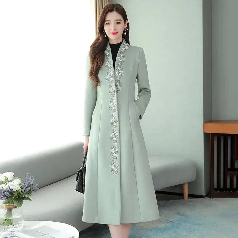 Women's Embroidered Trench Coat Slim Fit Design