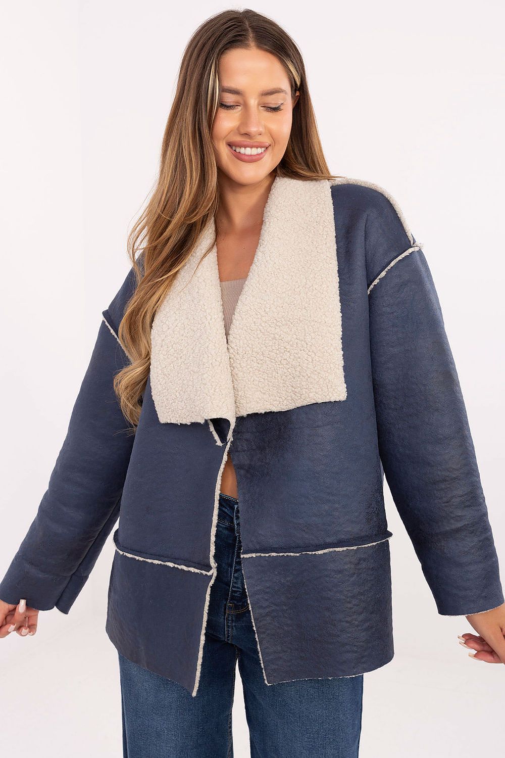 Women's Faux Fur Open Front Jacket — Navy Blue