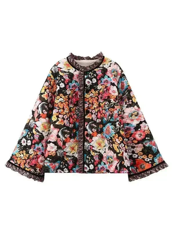 Women's Floral Quilted Coat Loose Fit Button Style