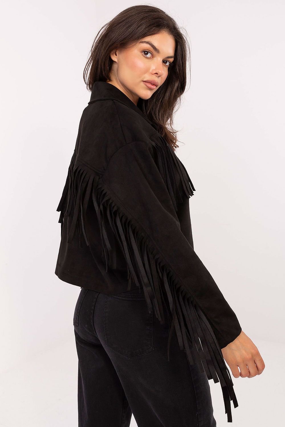 Women's Fringe Trucker Jacket — Black