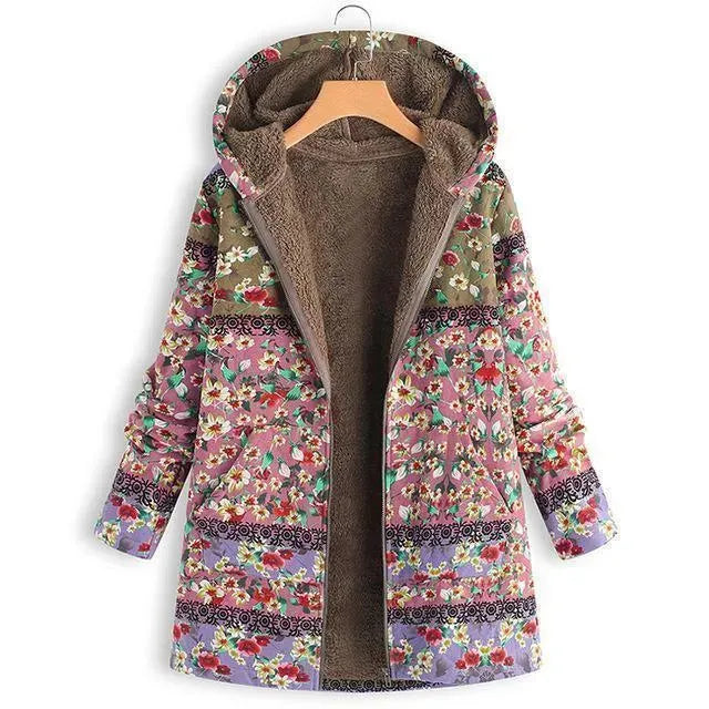 Women's Hooded Floral Coat Warm Casual Style