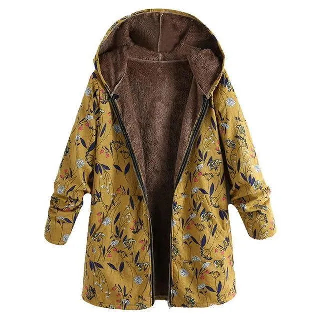 Women's Hooded Floral Overcoat Loose Fit Style