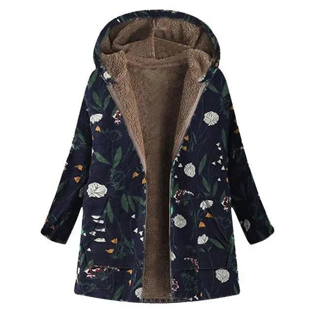 Women's Hooded Floral Overcoat Loose Fit Style