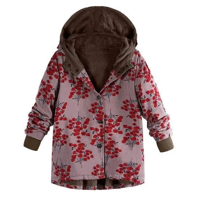 Women's Hooded Floral Overcoat Loose Fit Style