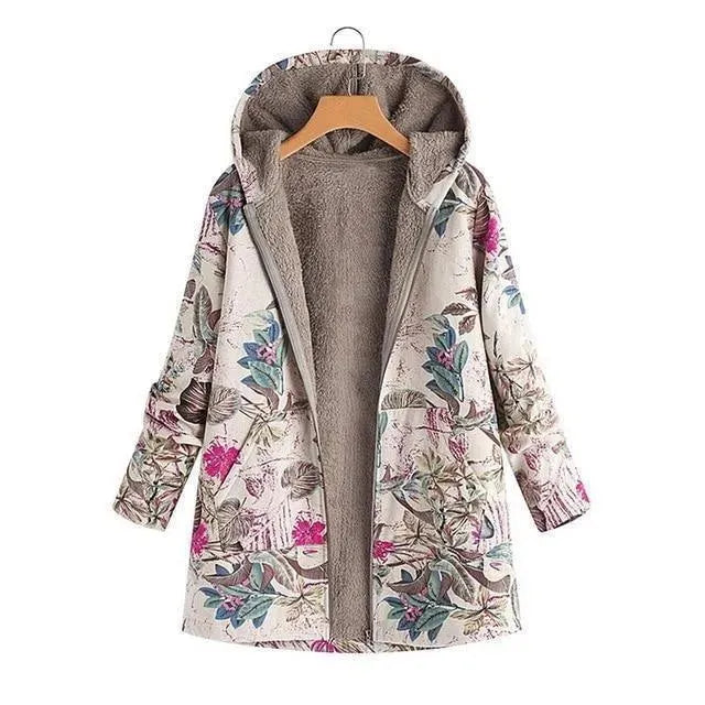 Women's Hooded Floral Overcoat Loose Fit Style