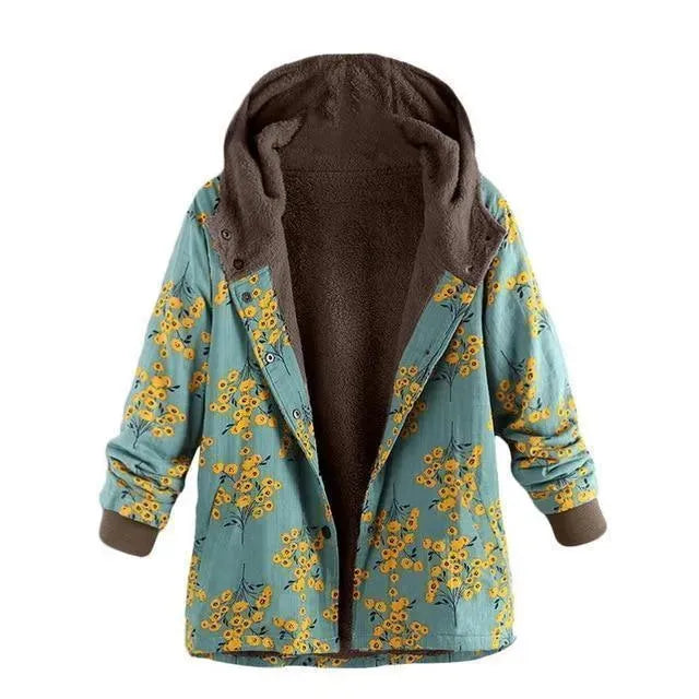 Women's Hooded Floral Overcoat Loose Fit Style