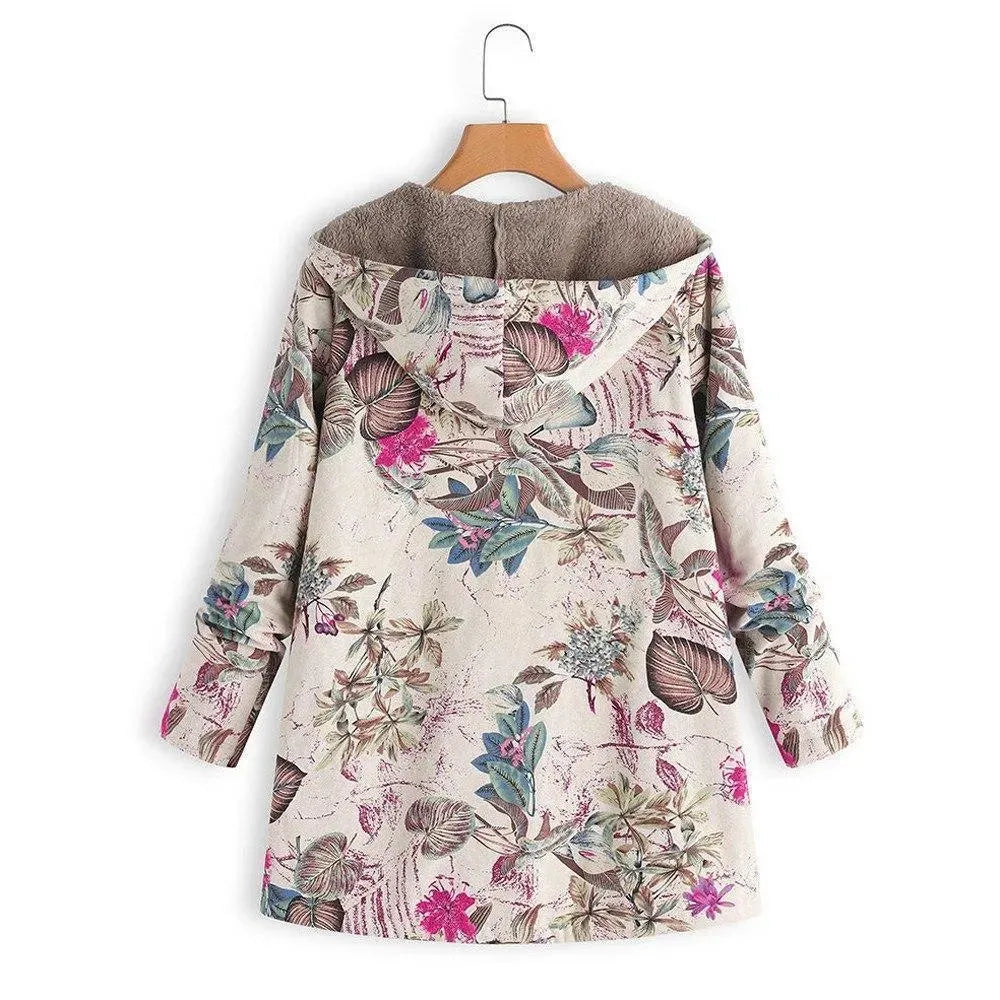 Women's Hooded Floral Overcoat Loose Fit Style