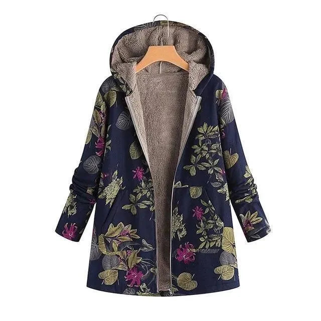 Women's Hooded Floral Overcoat Loose Fit Style