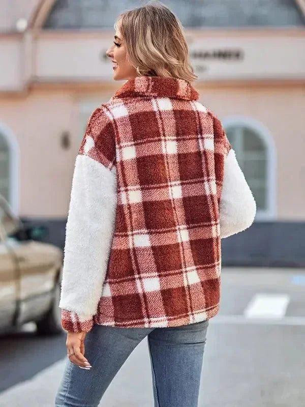 Women's Hooded Plaid Coat Loose Fit Style