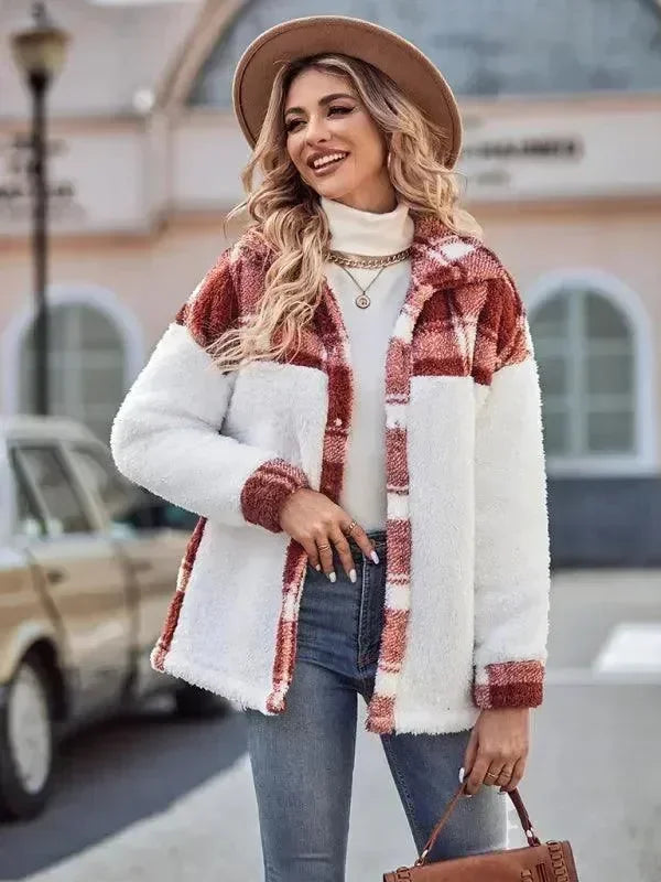 Women's Hooded Plaid Coat Loose Fit Style